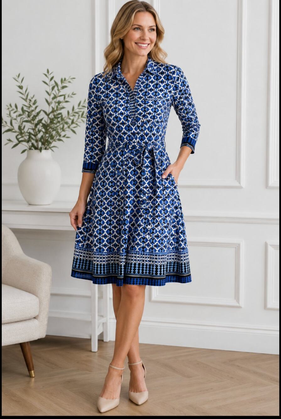 Donna Morgan Tribal Print 60's Housewife Fit and  Wrap Flare Dress